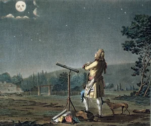 Bernard le Bovier de Fontenelle (1657-1757) overvejer mangfoldigheden af verdener, indgraveret af Jean Baptiste Morret (fl.1790-1820) 1791 (se også 169293)